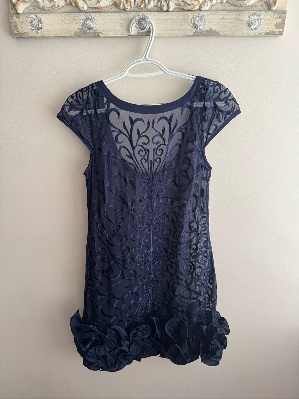 Jessica Simpson Navy Embroidered Sheer Overlay Mini Dress with Rosette Hem